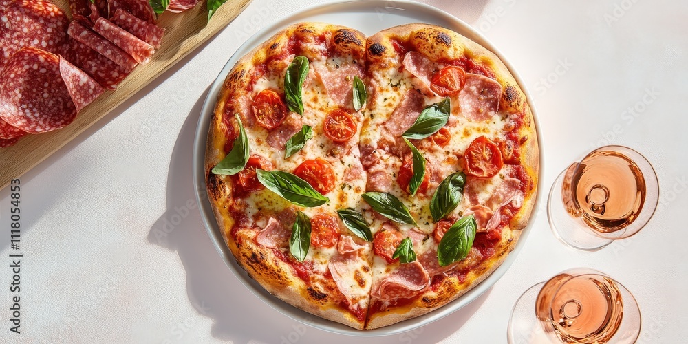 Heart-Shaped Pizza with Fresh Ingredients and Pairing Wine in a Light and Inviting Setting for Romantic Dining or Celebratory Occasion Heart-Shaped Pizza with Fresh Ingredients and Pairing Wine in a Light and Inviting Setting for Romantic Dining or Celebratory Occasion
