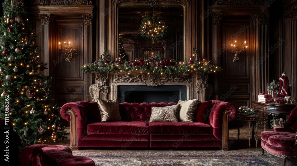 Christmas Decor in a Luxurious Living Room with a Red Velvet Sofa and Christmas Tree Christmas Decor in a Luxurious Living Room with a Red Velvet Sofa and Christmas Tree