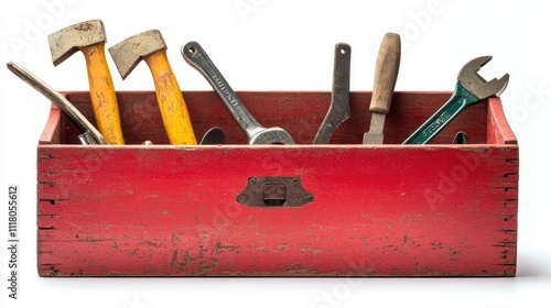 A bright red wooden toolbox with a rustic finish, containing scattered tools, isolated on white