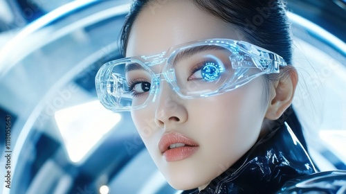 Woman with glowing futuristic glasses in cyber setting photo