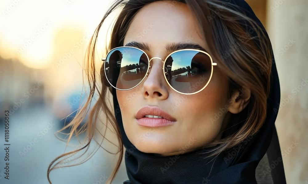 Stylish portrait of a woman in sunglasses and scarf. Stylish portrait of a woman in sunglasses and scarf.