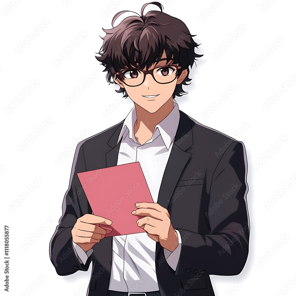 Anime employee with a holiday party invitation on a white background Anime employee with a holiday party invitation on a white background