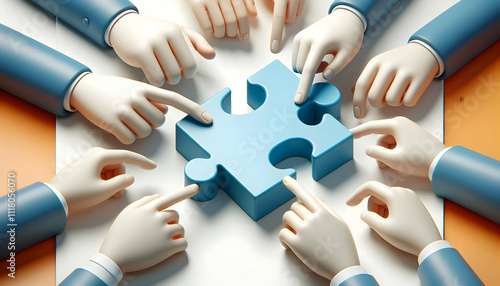 3D Hands placing final puzzle piece isolated on white background concept as A close up of hands placing the final puzzle piece representing achievement and successful teamwork in puzzle solving activi photo