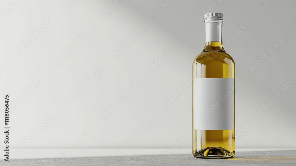 A clear glass bottle of olive oil with a blank white label mockup, positioned on a neutral grey background A clear glass bottle of olive oil with a blank white label mockup, positioned on a neutral grey background