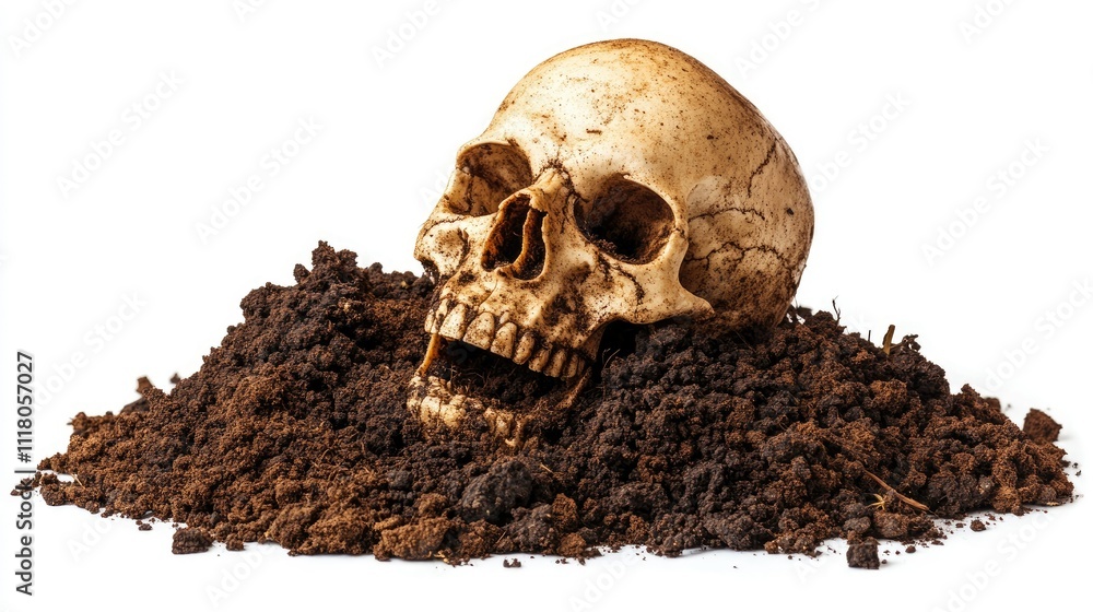 A detailed image of a human skull emerging from a small pile of earth, isolated on white for a striking visual A detailed image of a human skull emerging from a small pile of earth, isolated on white for a striking visual