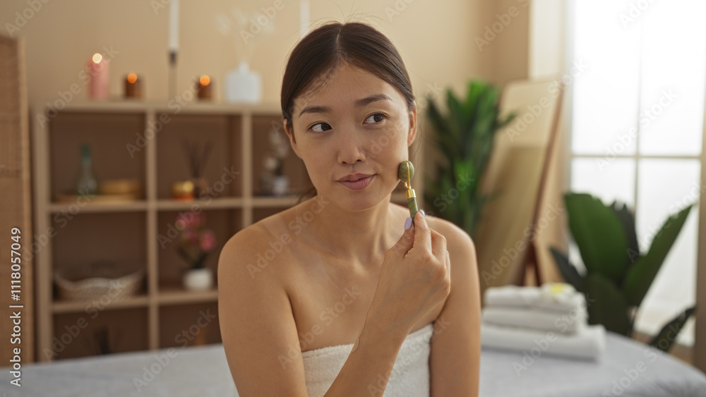 Woman enjoying a relaxing spa treatment with a facial massage roller in a serene beauty center Woman enjoying a relaxing spa treatment with a facial massage roller in a serene beauty center