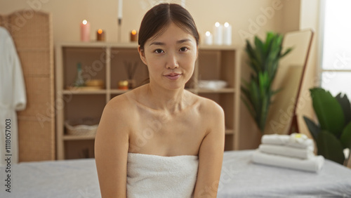 Young, attractive, chinese, woman, relaxing, indoors, at, a, spa, salon, with, candles, plants, and, a, tranquil, ambiance, creating, a, serene, wellness, setting.