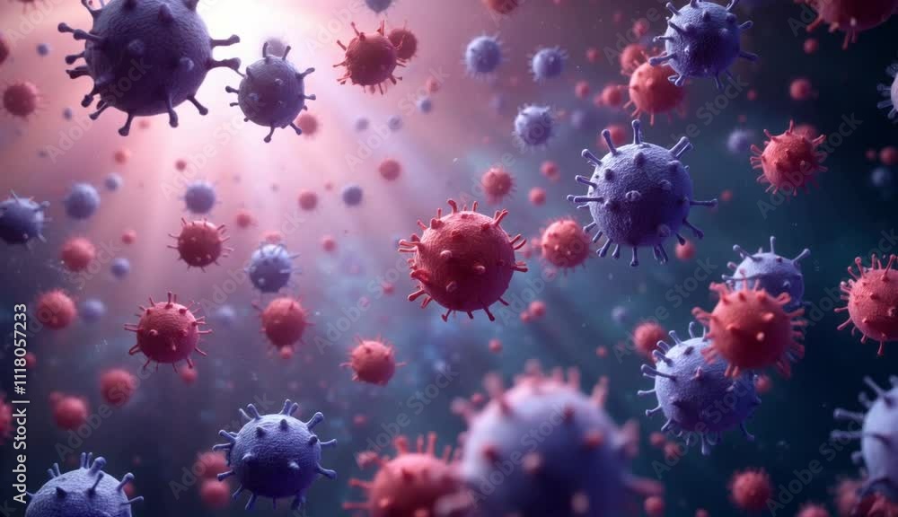 Close-up of red virus particles in a microscopic environment Close-up of red virus particles in a microscopic environment