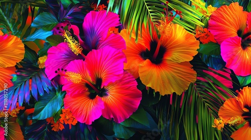 Vibrant tropical hibiscus flowers in vivid colors and lush foliage.