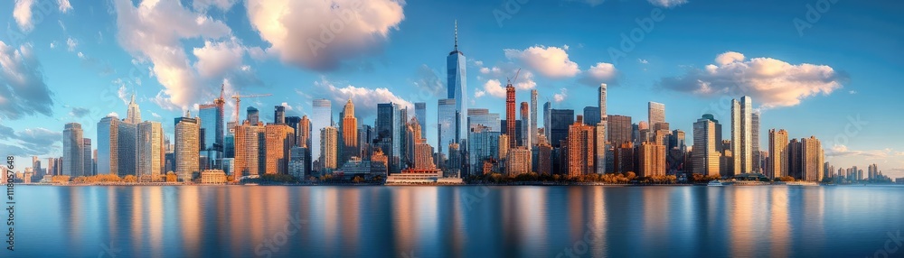 Fototapeta premium A city skyline with construction cranes, showing urban growth