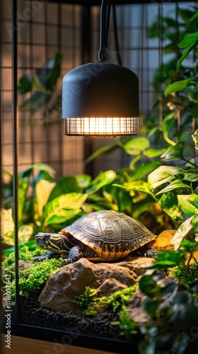 Turtle exploring lush terrarium with warm light at night photo