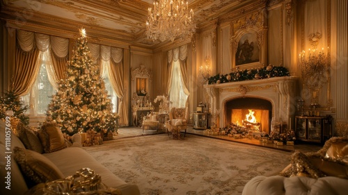 Ornate Living Room Decorated for Christmas with a Fireplace, Christmas Tree, and Gold Accents