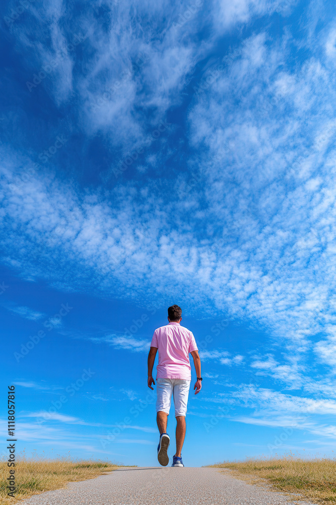 homme solitaire marchant de dos sous un ciel bleu pur et nuages blancs homme solitaire marchant de dos sous un ciel bleu pur et nuages blancs