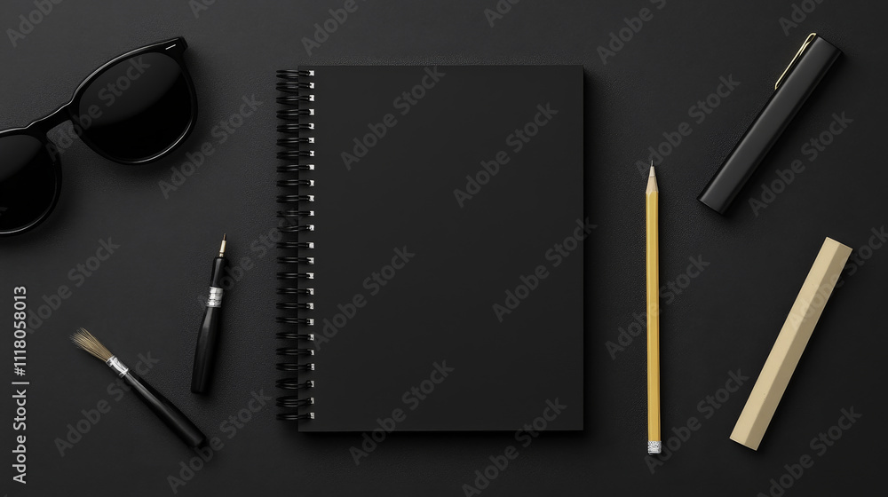 flat lay of black spiral notebook surrounded by stationery items including sunglasses, pencil, pen, and brushes on dark background, creating minimalist aesthetic