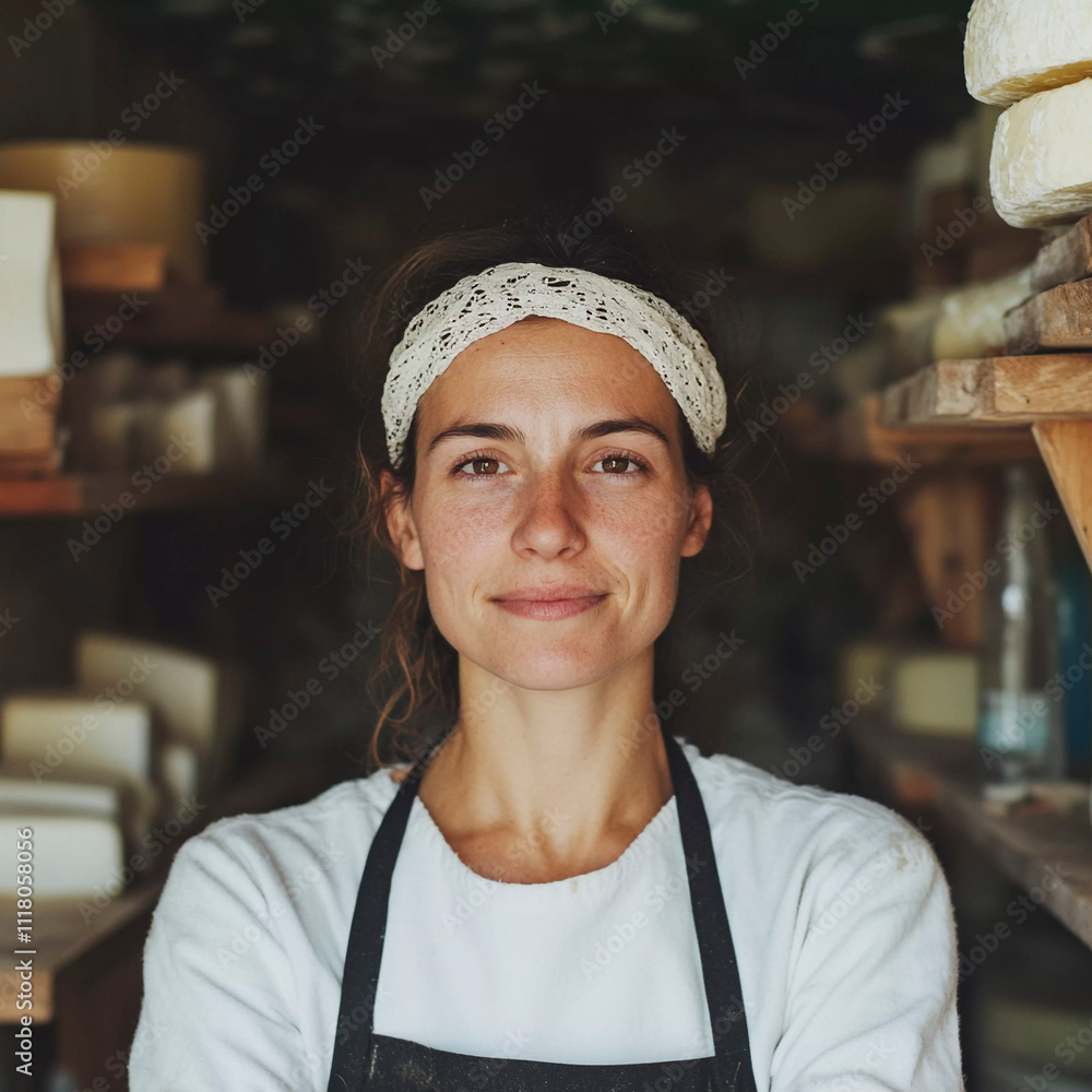 Cheesemonger smiles in a workshop filled with various cheese types during the day. Generative AI Cheesemonger smiles in a workshop filled with various cheese types during the day. Generative AI