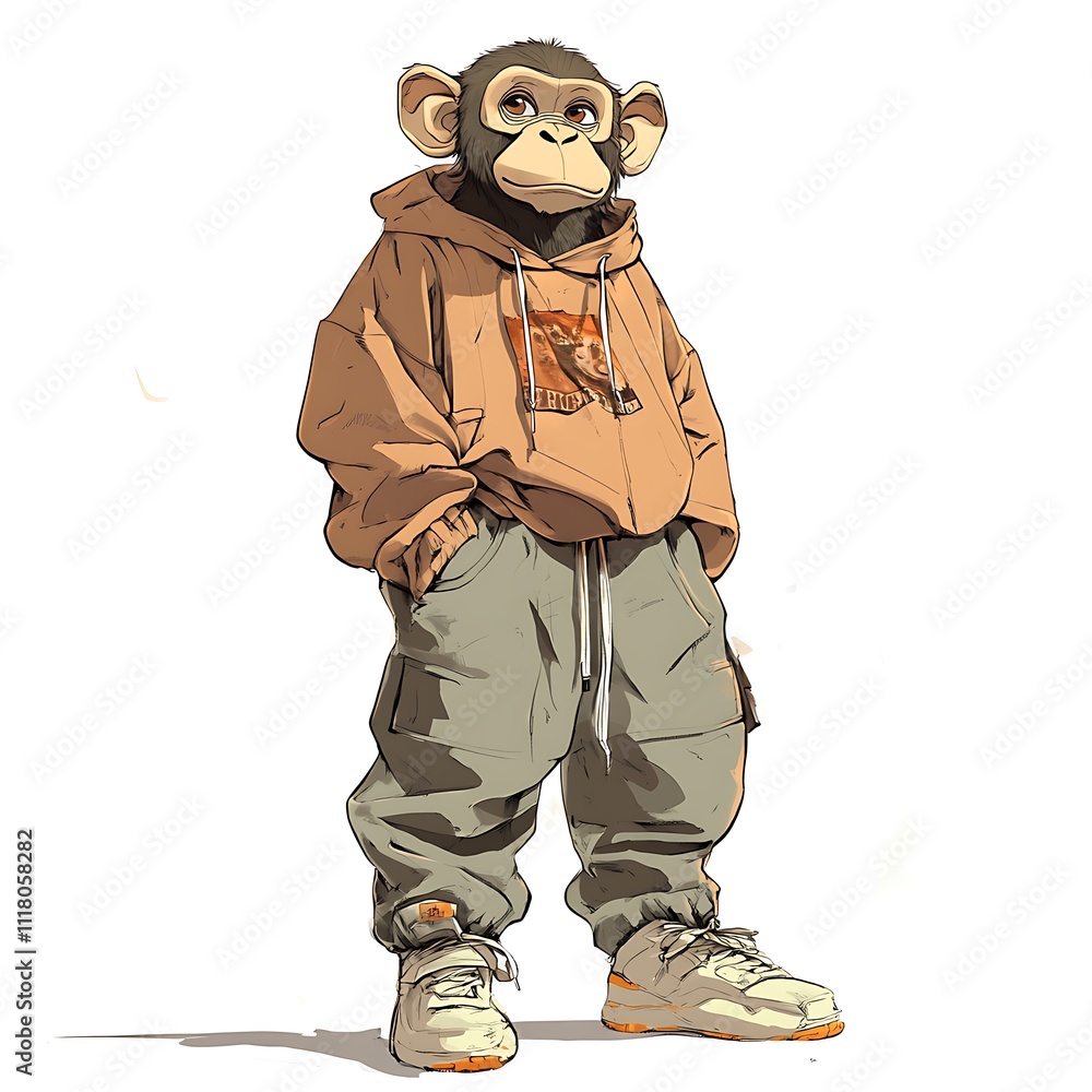 Fototapeta premium Anime Monkey in Vintage Sweatshirt on White Background