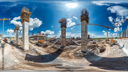 360? view of a large-scale construction site with cranes, heavy machinery, and concrete pillars under a bright sunny sky.