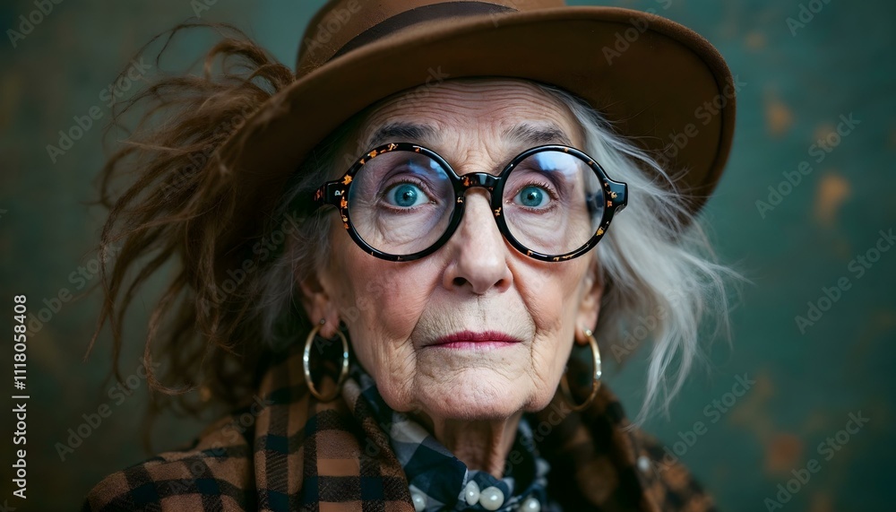 Eccentric older woman with playful fashion style modern chunky glasses hat accessories fun Eccentric older woman with playful fashion style modern chunky glasses hat accessories fun