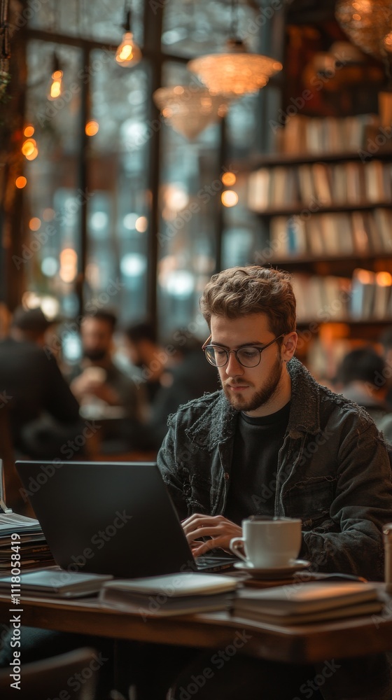 Young man working on laptop in cozy cafe during afternoon Young man working on laptop in cozy cafe during afternoon