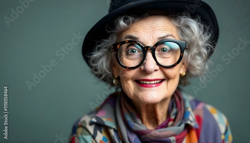 Eccentric older woman with playful fashion style modern chunky glasses hat accessories fun