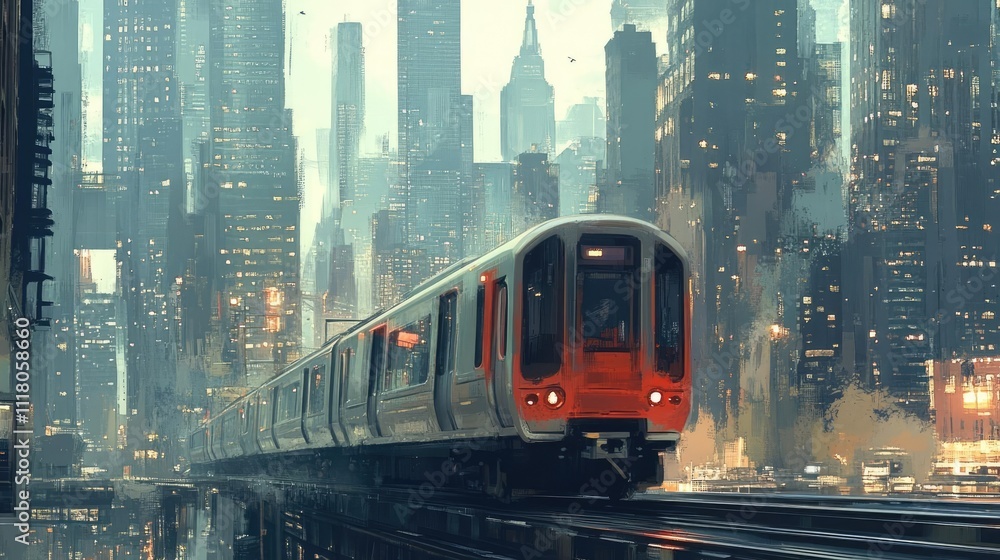 Naklejka premium A commuter train passing by skyscrapers, moving through the urban core