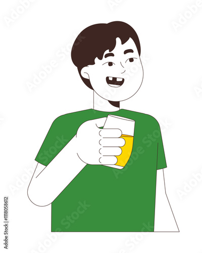 Cheerful chinese little boy holding juice glass 2D cartoon character. Asian male child enjoying soda beverage glassware isolated person flat vector on white background. Spot illustration colorful