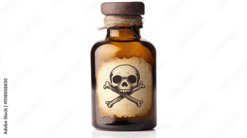A retro brown glass bottle with a skull-and-crossbones poison label, isolated on white background A retro brown glass bottle with a skull-and-crossbones poison label, isolated on white background