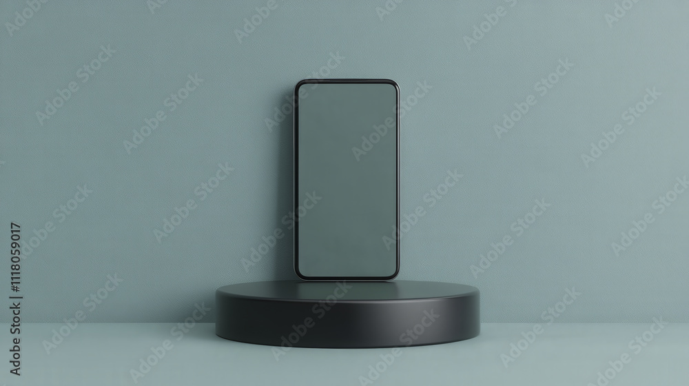 Minimalist smartphone display on circular stand against teal background, showcasing modern design and technology. sleek lines and simple colors evoke sense of elegance and innovation Minimalist smartphone display on circular stand against teal background, showcasing modern design and technology. sleek lines and simple colors evoke sense of elegance and innovation