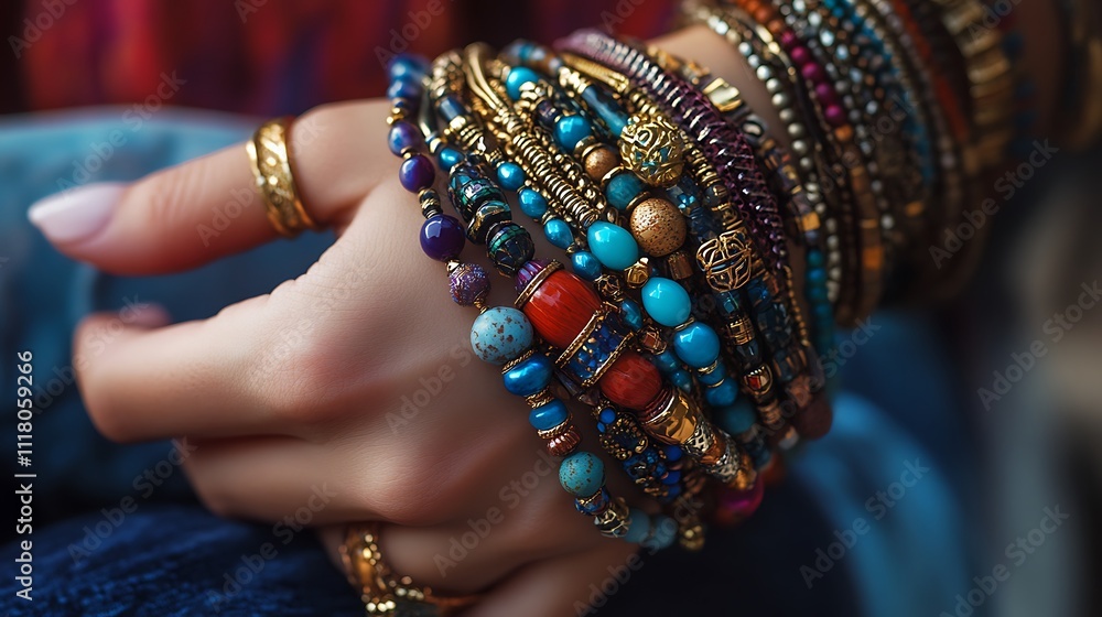 Closeup of a woman's wrist adorned with a multitude of colorful bracelets and rings. Closeup of a woman's wrist adorned with a multitude of colorful bracelets and rings.