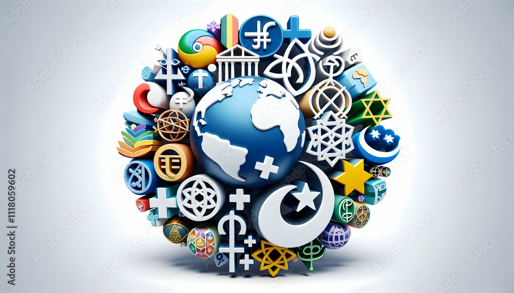 3D Interfaith Symbols Collection concept as A diverse collection of interfaith symbols isolated on a white background representing unity and diversity for World Religion Day infographics. as 3D Icon i 3D Interfaith Symbols Collection concept as A diverse collection of interfaith symbols isolated on a white background representing unity and diversity for World Religion Day infographics. as 3D Icon i