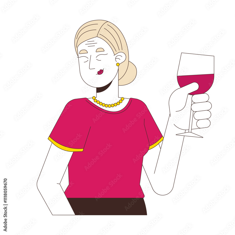 Elegant chinese senior woman toasting wineglass 2D cartoon character. Smiling asian elderly lady holding wine glass isolated person flat vector on white background. Spot illustration colorful Elegant chinese senior woman toasting wineglass 2D cartoon character. Smiling asian elderly lady holding wine glass isolated person flat vector on white background. Spot illustration colorful