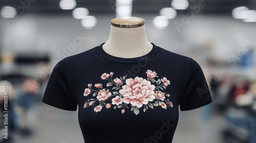 Floral design on black t shirt displayed on mannequin in retail space. elegant embroidery features pink flowers, adding touch of sophistication to casual wear photo