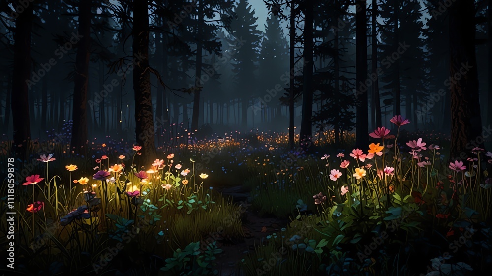 Obraz premium A dark forest at night. Flowers are glowing with lights