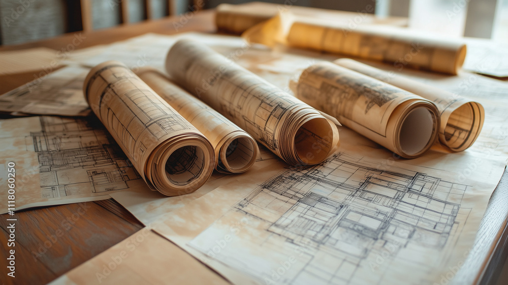 Stół jest pokryty rozwiniętymi rysunkami architektonicznymi, przedstawiającymi szczegółowe plany budowlane. Stół jest pokryty rozwiniętymi rysunkami architektonicznymi, przedstawiającymi szczegółowe plany budowlane.