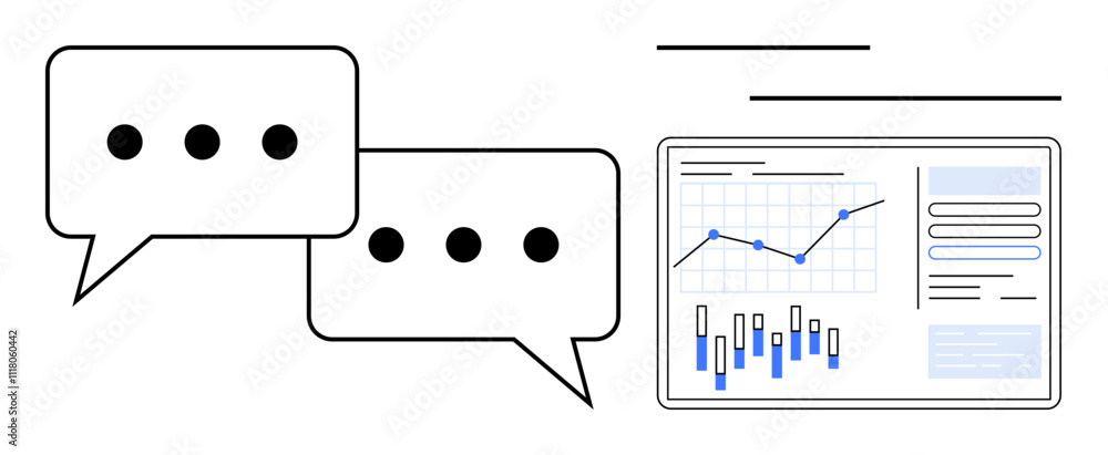 Two chat bubbles with ellipses and a data dashboard featuring charts, bars, and graphs. Ideal for business communication, data analysis, reporting, collaboration, online meetings, digital marketing Two chat bubbles with ellipses and a data dashboard featuring charts, bars, and graphs. Ideal for business communication, data analysis, reporting, collaboration, online meetings, digital marketing