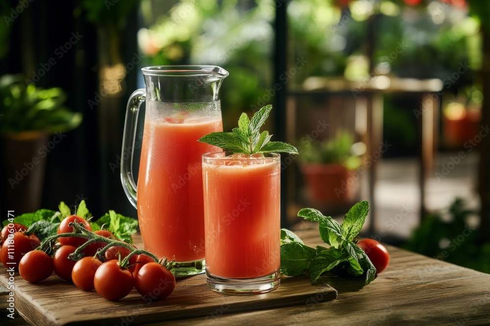 Refreshing tomato juice in glass and pitcher surrounded by fresh tomatoes and mint on wood table Refreshing tomato juice in glass and pitcher surrounded by fresh tomatoes and mint on wood table