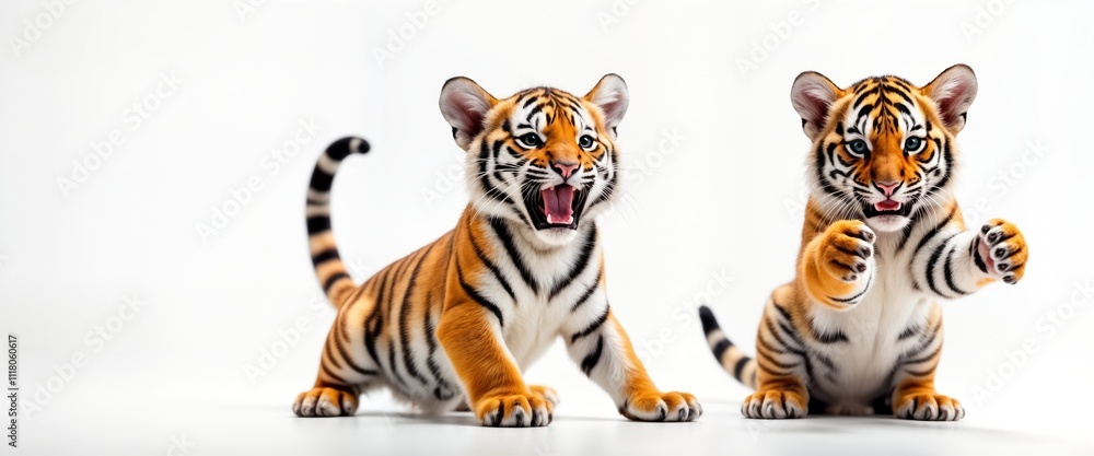 Adorable Bengal tiger cubs playfully raise paws inviting interaction against white background. Cute cubs with striking orange, black stripes. Image perfect for zoo, wildlife, nature themes. Engaging Adorable Bengal tiger cubs playfully raise paws inviting interaction against white background. Cute cubs with striking orange, black stripes. Image perfect for zoo, wildlife, nature themes. Engaging