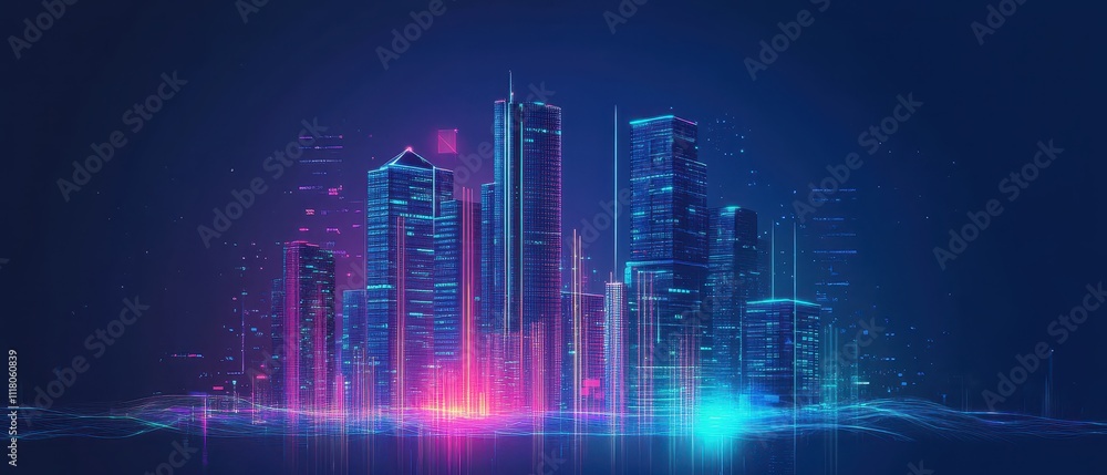 Fototapeta premium A futuristic city skyline illuminated with vibrant lights and digital elements against a dark background.