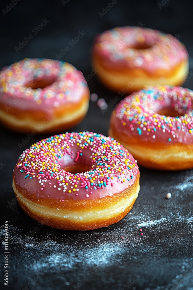 Delicious Glazed Donuts A Tempting Treat with Colorful Sprinkles on a Black Background Delicious Glazed Donuts A Tempting Treat with Colorful Sprinkles on a Black Background