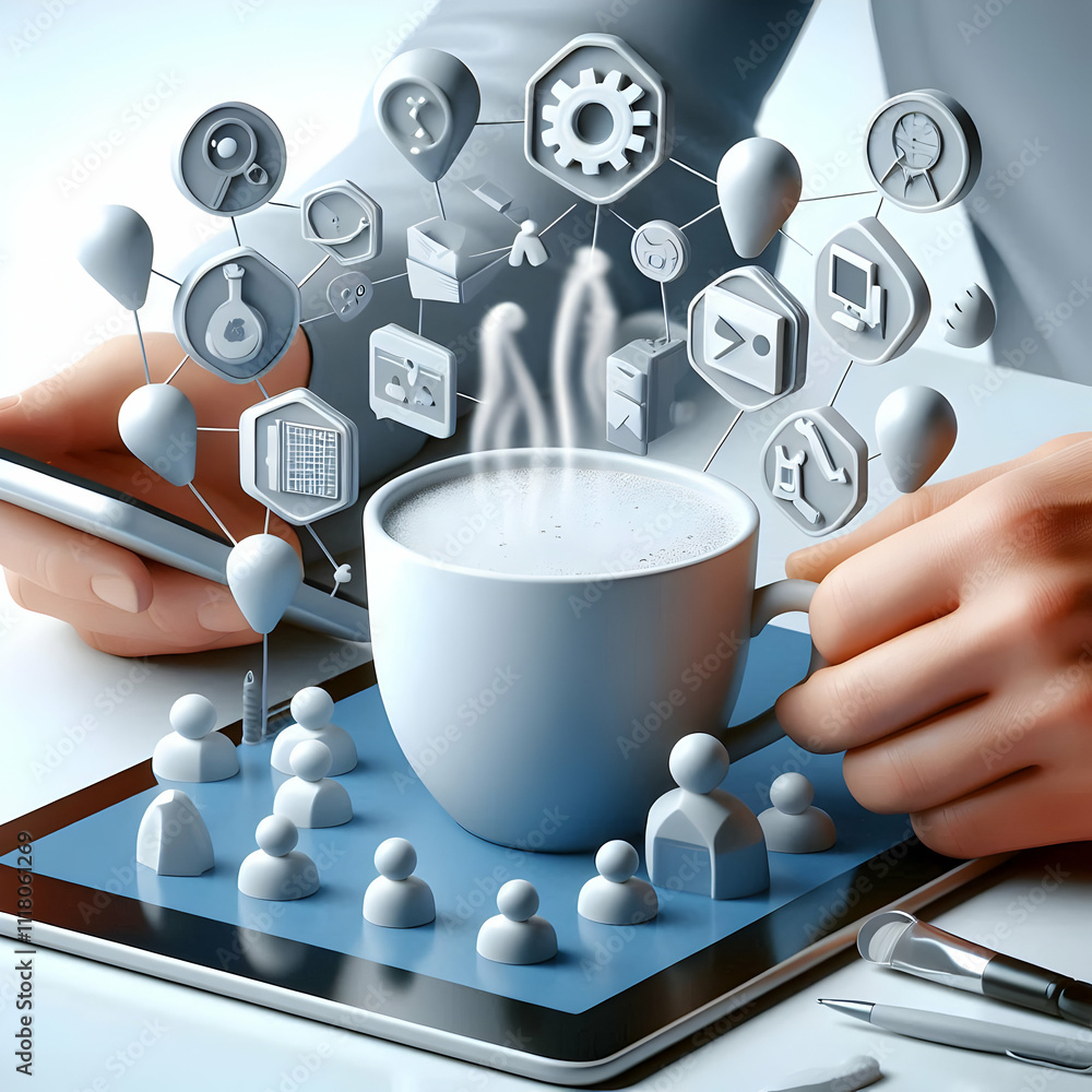 3D Macro Close up of Community Manager Hand Holding Coffee with Community Management Tools concept as Macro close up of community manager hand holding coffee while using community management tools on 3D Macro Close up of Community Manager Hand Holding Coffee with Community Management Tools concept as Macro close up of community manager hand holding coffee while using community management tools on