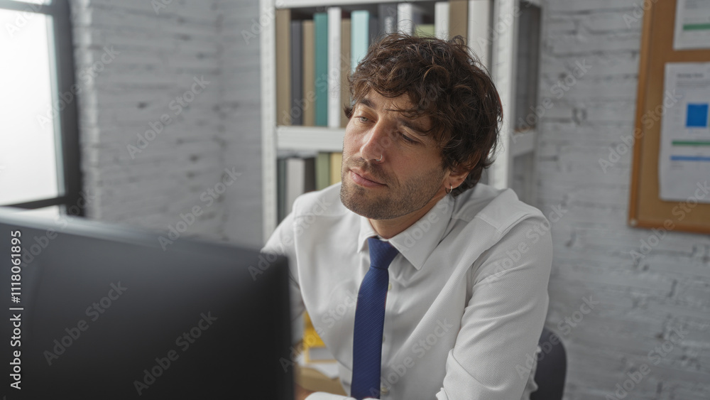 Young man in office looking at computer screen with thoughtful expression, wearing white shirt and blue tie, surrounded by bookshelves in a modern workplace setting Young man in office looking at computer screen with thoughtful expression, wearing white shirt and blue tie, surrounded by bookshelves in a modern workplace setting