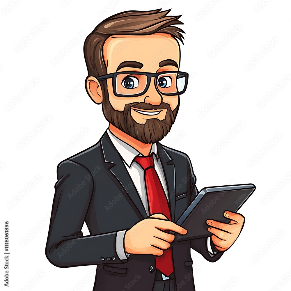 Cartoon Sales Guy in Suit and Tie, Showing Product Demo on Tablet on a White Background Cartoon Sales Guy in Suit and Tie, Showing Product Demo on Tablet on a White Background
