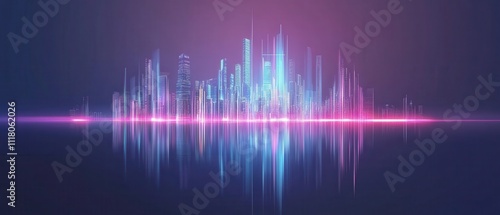 A vibrant digital skyline with colorful soundwave effects, showcasing a futuristic cityscape against a dark background.