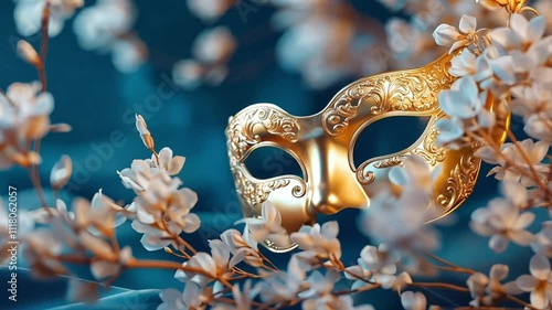 A golden masquerade mask partially obscured by delicate white blossoms against a soft blue background.