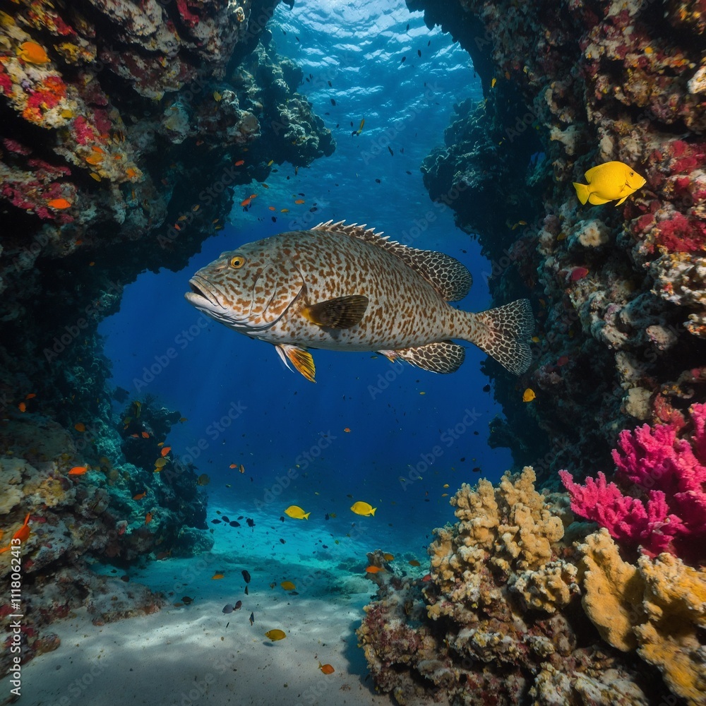 A large grouper hovering near an underwater cave entrance surrounded by colorful sponges. A large grouper hovering near an underwater cave entrance surrounded by colorful sponges.