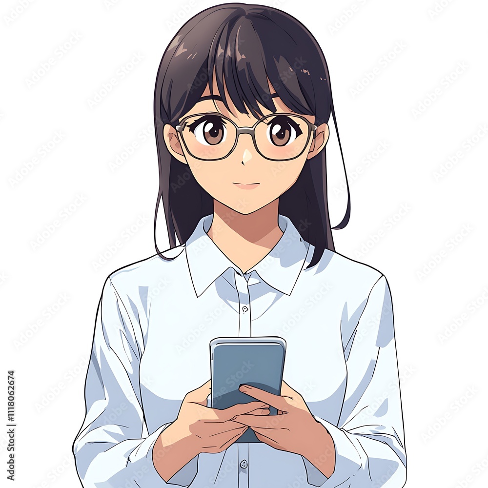 Anime employee holding a phone on a white background Anime employee holding a phone on a white background