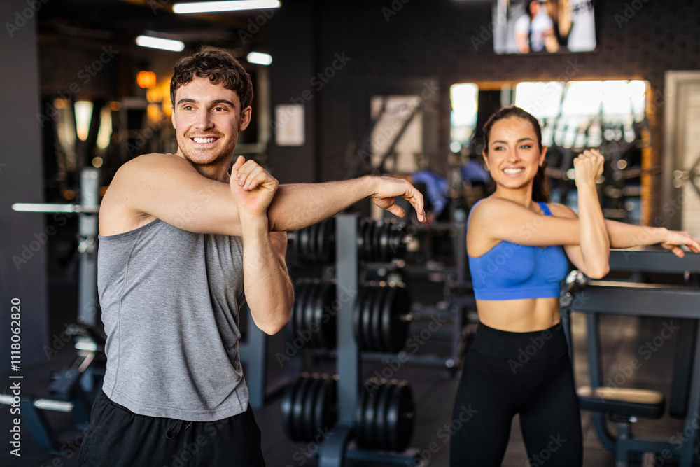 Fit European couple, man and woman, doing arms stretching while warming up before workout in modern gym interior Fit European couple, man and woman, doing arms stretching while warming up before workout in modern gym interior