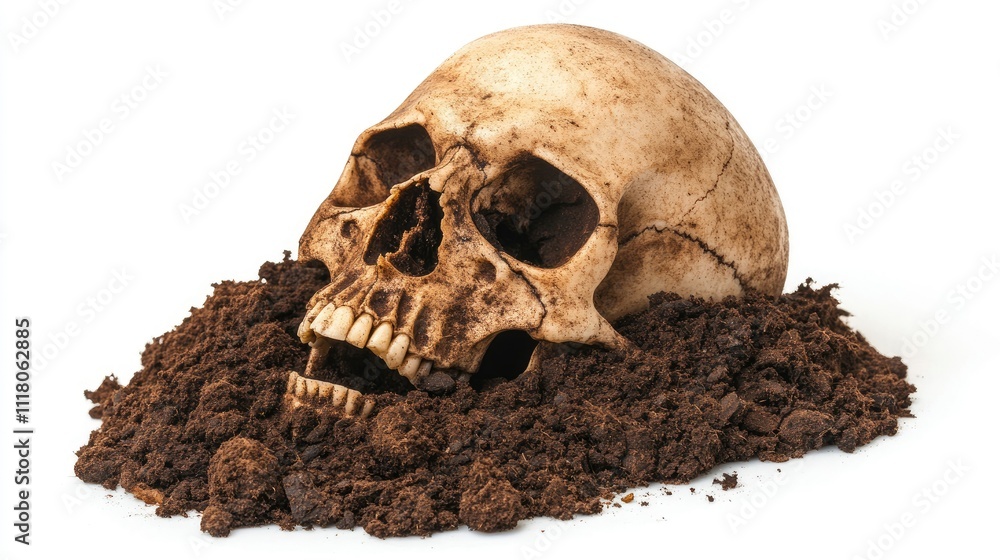 An aged human skull surrounded by loose soil, dramatically isolated on white for archaeological or artistic concepts