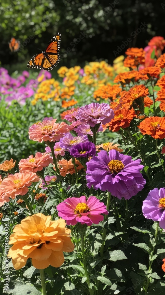 Colorful garden blooms attract butterfly on a sunny day Colorful garden blooms attract butterfly on a sunny day