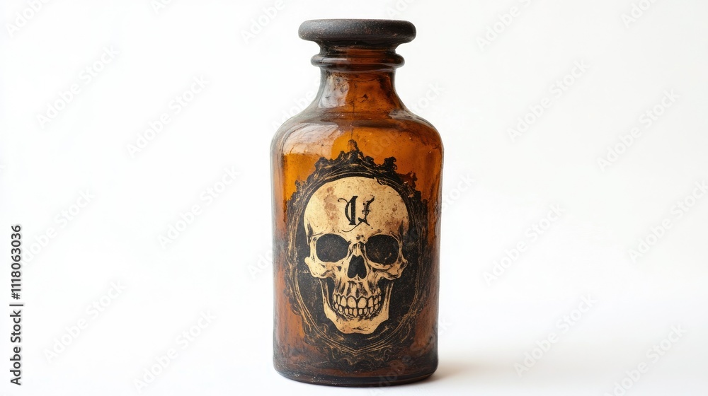 An antique poison bottle in dark amber glass with a vintage skull label, set against white An antique poison bottle in dark amber glass with a vintage skull label, set against white